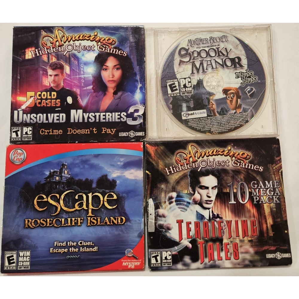 Lot‎ of 4 PC Hidden Object Mystery Games Escape Rosecliff Island Spooky Manor